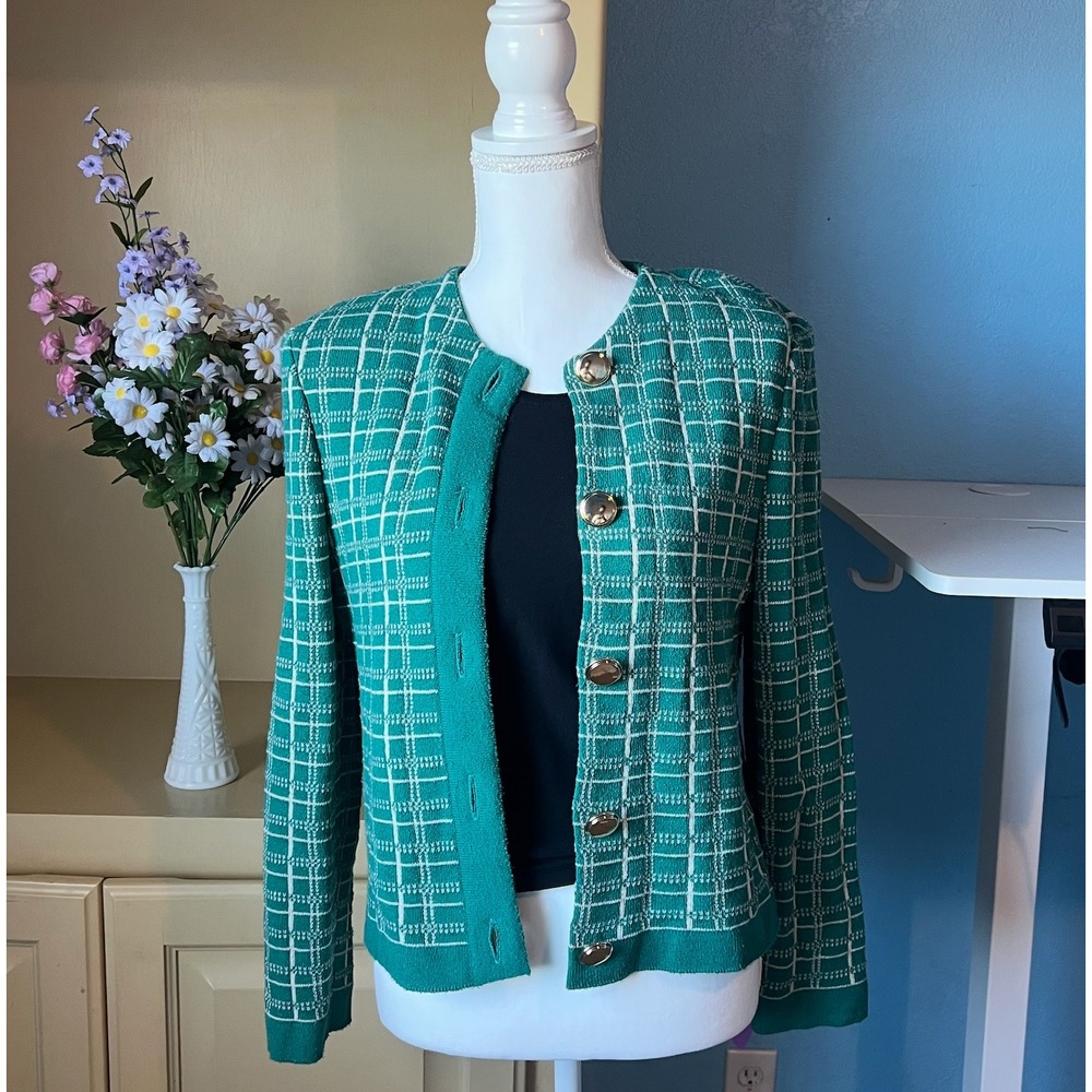 VTG Castlebrook Women's M Green Plaid‎ Gold Buttons Cardigan Preppy Heritage Y2K